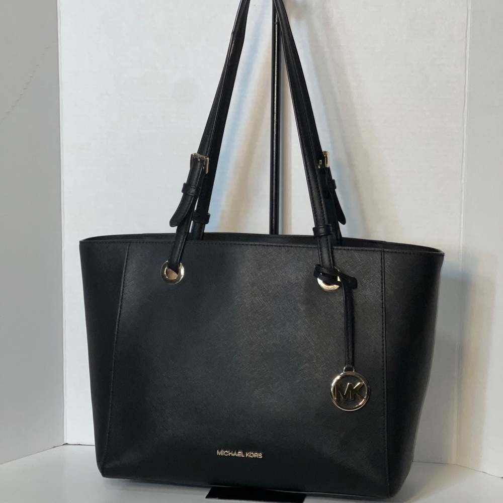 Michael Kors Black Saffiano Tote with Gold Accent Purse Charm